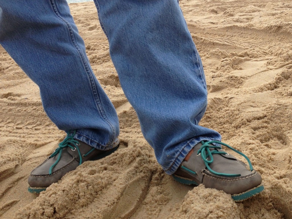 Tony wore the poofiest shoes ever seen on a fishing beach.